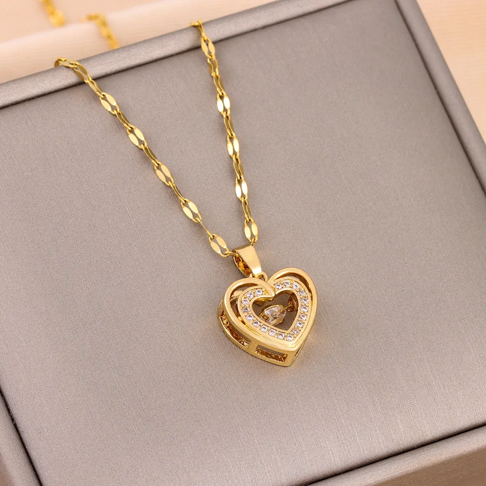 2401070636390320100.webp Double-layer Love Necklace With Rhinestones Titanium Steel Pendant Fashion Jewelry Woman Valentines Day Gift - Image 1